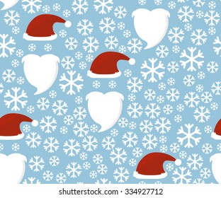 Santa Claus hat and beard. Seamless pattern with snowflakes.