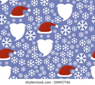 Santa Claus hat and beard. Seamless pattern with snowflakes.