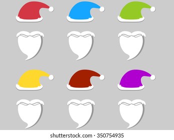 Santa Claus hat and beard. Set of different colors. Flat design.