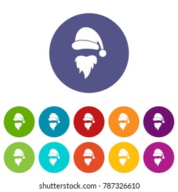 Santa Claus hat and beard set icons in different colors isolated on white background