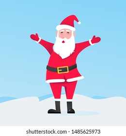 Santa Claus with hat, beard and smiling face flat style character vector illustration. Christmas eve mascot symbol isolated on light blue background