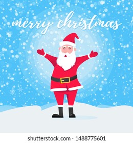 Santa Claus with hat, beard and smiling face flat style character poster vector illustration. Christmas eve mascot symbol poster with text merry christmas isolated on light blue snow background