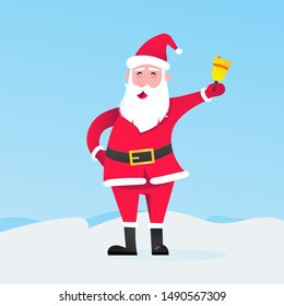 Santa Claus con sombrero, barba y cara sonriente y campana de estilo plano ilustración vectorial. Símbolo de la mascota de Navidad aislado en fondo azul claro