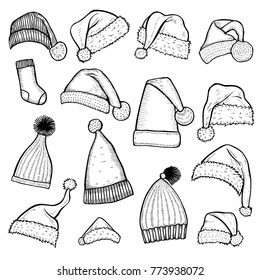 Santa Claus hat beard, sock illustration, drawing, engraving, ink, line art, vector