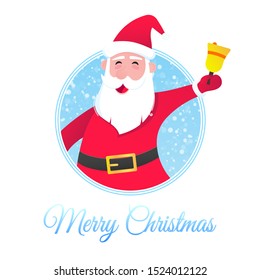 Santa Claus with hat, bell, beard and smiling face flat style character poster vector illustration. Christmas eve mascot symbol poster with text merry christmas isolated on light blue snow background.
