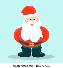 Santa Claus in a hat with a belt and felt boots is isolated on a blue background. Vector illustration for Christmas and new year greetings. Santa Claus in a red suit and white beard.