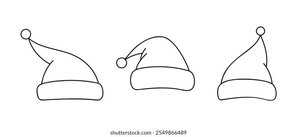 Sombrero de Santa Claus, ilustración de línea de contorno en blanco y negro, dibujado a mano, Vector, doodle. Un atributo festivo decorativo, un elemento para una celebración, disfraz, decoración. Tocado de Navidades