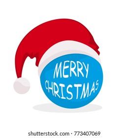 Santa Claus hat with blue Christmas ball in flat design. Vector illustration. Santa hat with Merry Christmas text