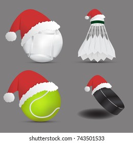 Santa Claus Hat with Boules ball shuttlecock or badminton ball  tennis ball  ice hockey ball on gray background.set of sports balls. vector. illustration. graphic design. super sale for Christmas day.