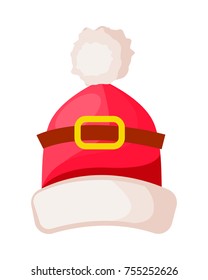Santa Claus hat with buckle isolated. Winter fur woolen cap with white trim. Father Christmas hat headwear warm clothing. Flat icon winter snowboard accessory in cartoon style vector illustration