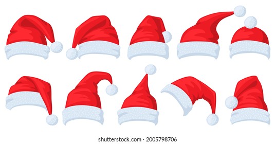 Santa Claus hat. Cartoon red Santa hats, xmas masquerade costume elements vector illustration set. Christmas holiday hats. Christmas costume seasonal wear, headdress clothing claus