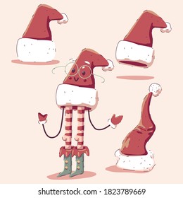 Santa Claus hat and character vector cartoon set isolated on background.