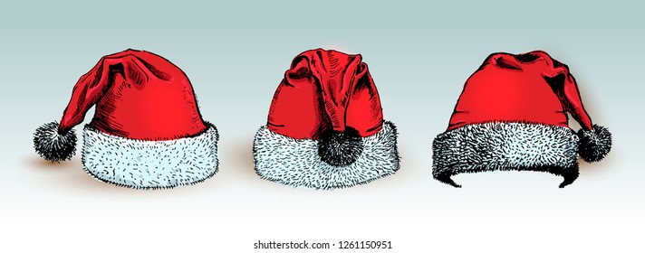 Santa Claus hat christmas accessory. Set of Hand Drawn vector illustration. Isolated on white background.