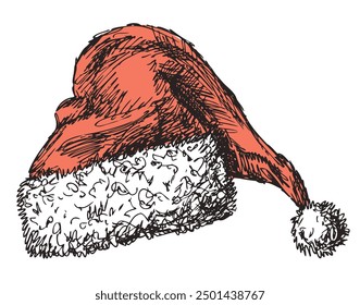 Santa Claus hat, christmas accessory, red, white fur,vector hand drawn illustration isolated on white