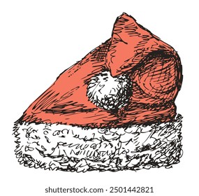 Santa Claus hat, christmas accessory, red, white fur, pom pom, vector hand drawn illustration isolated on white