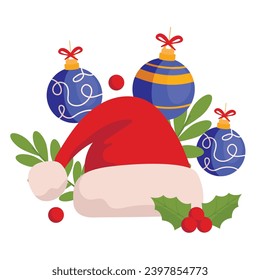 Santa Claus hat and Christmas balls. Merry Christmas. Vector graphic.