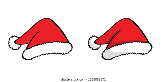 Santa claus hat or christmas caps. Flat vector red santa’s cap sign. Xmas hats. Merry christmas party on december. Happy new year. Advent
