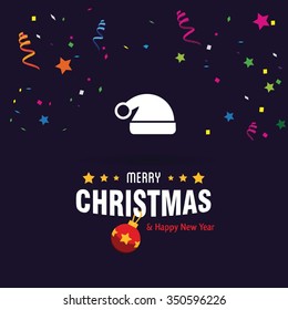Santa Claus hat Christmas decorative template Design, Christmas New Year Flat card illustration. Flowing confetti and streamers backgound