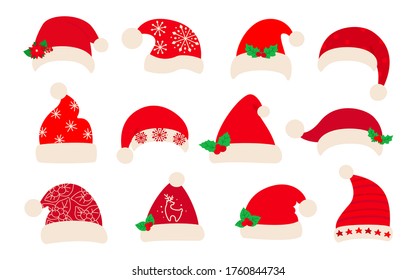 Santa Claus hat, Christmas flat set. Xmas Santa red hats, decorated holly and patterns. New Year cartoon holiday cute traditional caps collection. Isolated on white vector illustration