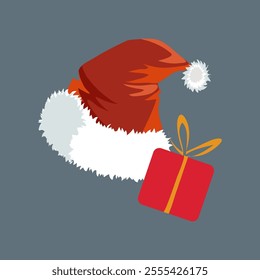 Santa Claus hat and christmas gift box with Vector Lines , Christmas Holiday Illustration on blue background isolate