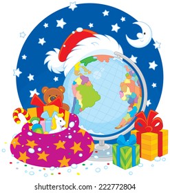 Santa Claus hat, Christmas gifts, globe and moon with stars