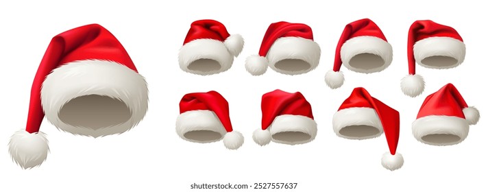 Santa Claus hat. Christmas realistic vector icon set. New Year red hat