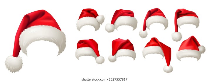 Santa Claus hat. Christmas realistic vector icon set. New Year red hat