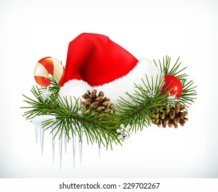 Santa Claus hat, Christmas tree and cones vector