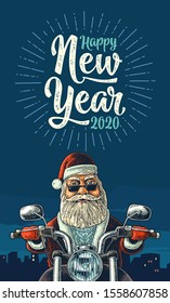 Santa Claus in hat, coat, sweater, glasses riding a classic chopper bike. Night city. . New Year 2020 lettering. Front view. Vector vintage color engraving. Poster for biker club