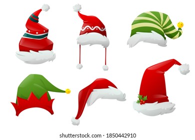 Santa claus hat collection. Hats of different Christmas characters. Big set of realistic Santa hats isolated on white background. Cartoon new year face masks. Vector illustration