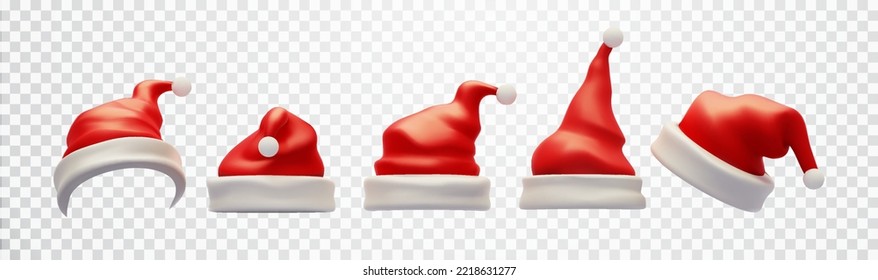 La colección de sombreros de Papá Noel aislada en un fondo transparente. Conjunto realista de sombreros de santa roja. sombrero rojo de Año Nuevo
