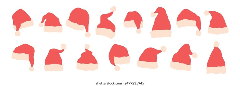 Santa Claus hat collection, isolated part of costume of Saint Nicholas. Vector Christmas holidays and new year cap, xmas celebration and characters. Winter decoration elements