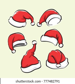 Santa claus hat collection vector, red colour.