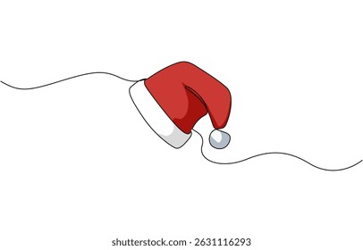Santa Claus hat Continuous one line drawing. Christmas or New Year concept, Winter hat black icon, santa hats outline, one continuous line drawing, isolated.