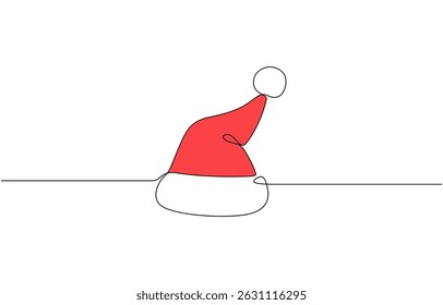 Santa Claus hat Continuous one line drawing. Christmas or New Year concept, Winter hat black icon, santa hats outline, one continuous line drawing, isolated.