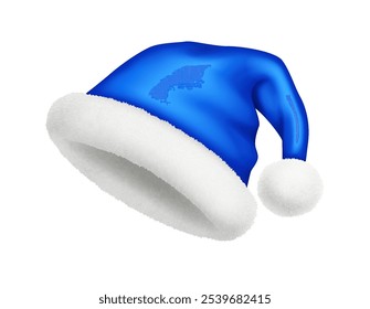 Santa Claus hat decorated with fur realistic vector illustration. Christmas blue headgear for festive mood view 3d model on white background