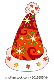 Sombrero de Santa Claus Decorado con Patrones - vectorial Navidad a todo color ilustración de zentangle - con copos de nieve y estrellas. Zentángulo de Año Nuevo con una cálida gorra de invierno.