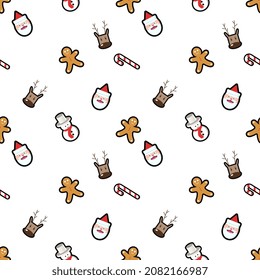 Santa Claus with hat, deer head, snowman, gingerbread man seamless pattern background. Perfect for winter holiday fabric, giftwrap, scrapbook, greeting cards design projects.