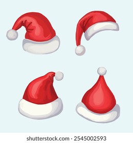 Santa Claus' hat in different poses, Christmas collection for festive designs.