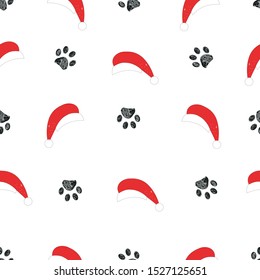 Santa Claus hat and doodle paw prints. Happy new year and Merry Christmas seamless pattern background