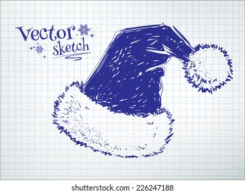Santa claus hat drawn on checkered paper. Vector illustration. isolated.