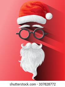 Santa Claus Hat, eyeglasses and beard. Vector illustration on red background for Merry Christmas festival.