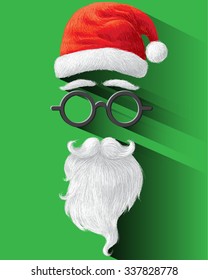 Santa Claus Hat, eyeglasses and beard. Vector illustration on green background for Merry Christmas festival.