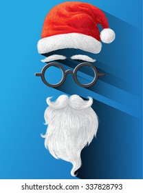 Santa Claus Hat, eyeglasses and beard. Vector illustration on blue background for Merry Christmas festival.