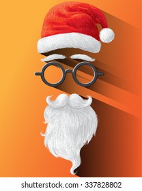 Santa Claus Hat, eyeglasses and beard. Vector illustration on orange background for Merry Christmas festival.