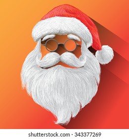 Santa Claus Hat, eyeglasses and beard. Vector illustration on orange background for Merry Christmas festival holiday.