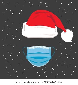 Sombrero de Santa Claus y máscara facial sobre fondo oscuro. Ilustración vectorial con estilo de dibujos animados planos.