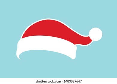 Santa Claus hat flat. Realistic Santa Claus hat isolated blue background. Red funny cap silhouette. Merry Christmas clothes cute simple cartoon design. New year decoration costume Vector illustration