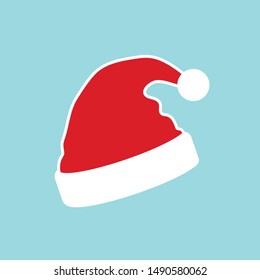 Santa Claus hat flat. Realistic Santa Claus hat isolated blue background. Red funny cap silhouette. Merry Christmas clothes cute simple cartoon design. New year decoration costume Vector illustration