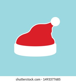 Santa Claus hat flat. Realistic Santa Claus hat isolated blue background. Red funny cap silhouette. Merry Christmas clothes cute simple cartoon design. New year decoration costume Vector illustration